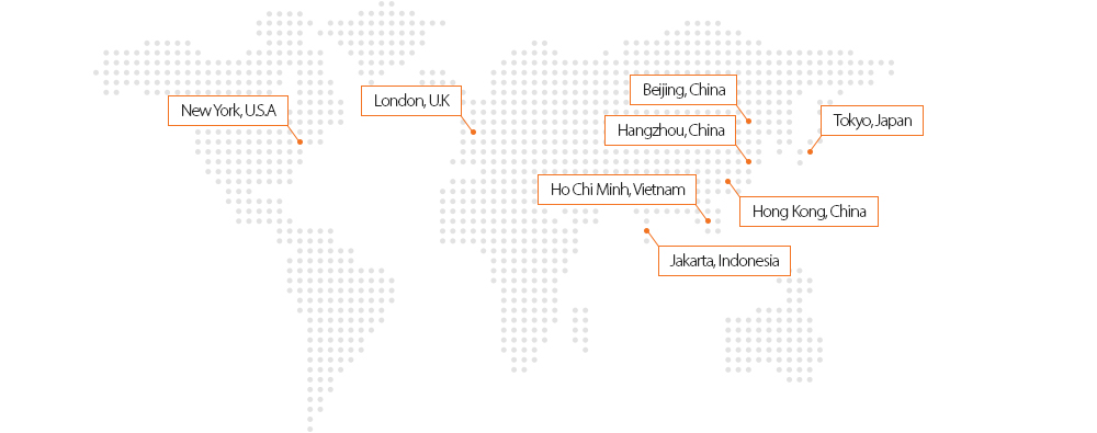 New York, U.S.A, London, U.K, Beijing, China, Hangzhou, China, Tokyo, Japan, Ho Chi Minh, Vietnam, Hong Kong, China, Jakarta, Indonesia 이 표시된 지도