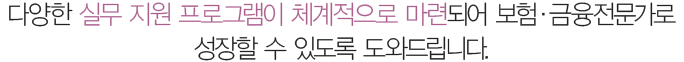 다양한 실무 지원 프로그램이 체계적으로 마련되어 보험·금융전문가로 성장할 수 있도록 도와드립니다.